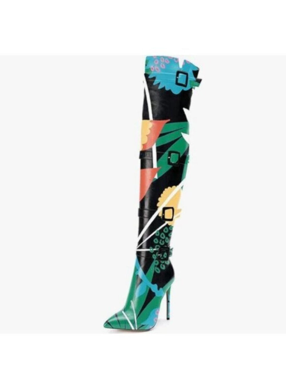 XYD Green Cartoon Plant High Heel Pointed Toe Buckled Strappy Over The Knee Boot